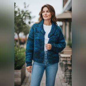 Vintage Women's Blue Green Mohair Bernat Klein Buttoned Cardigan Sweater Size Sm